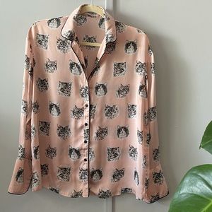 MANGO cats print V neck button down blouse.